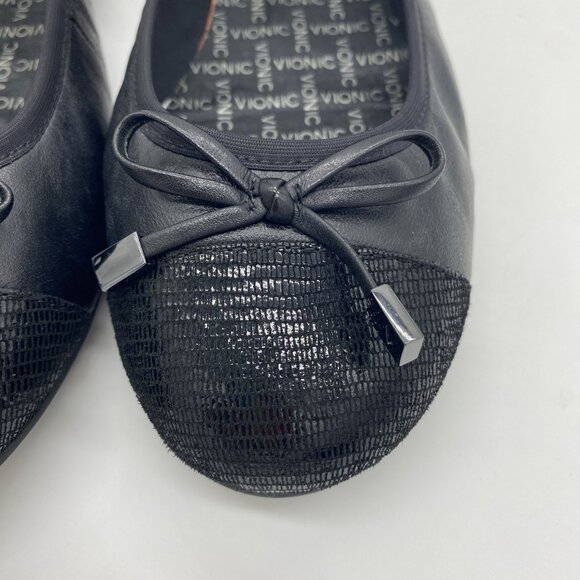 Vionic Minna Ballet Flats 9 Wide NO INSOLES Black Leather Croc Cap Toe Bow Shoes - Picture 4 of 11